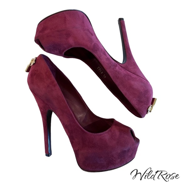 LOUIS VUITTON BURGUNDY SUEDE “OH REALLY” PEEP TOE LV PADLOCK GOLD HEEL PUMPS 36 - Picture 11 of 17